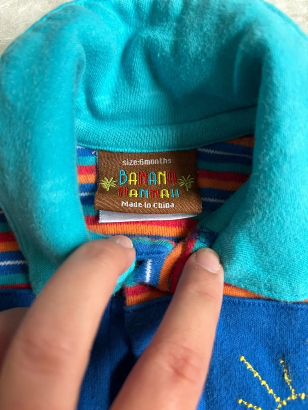 Vintage Banana Hannah Bright Blue Snap Romper with Vibrant Embroidery
